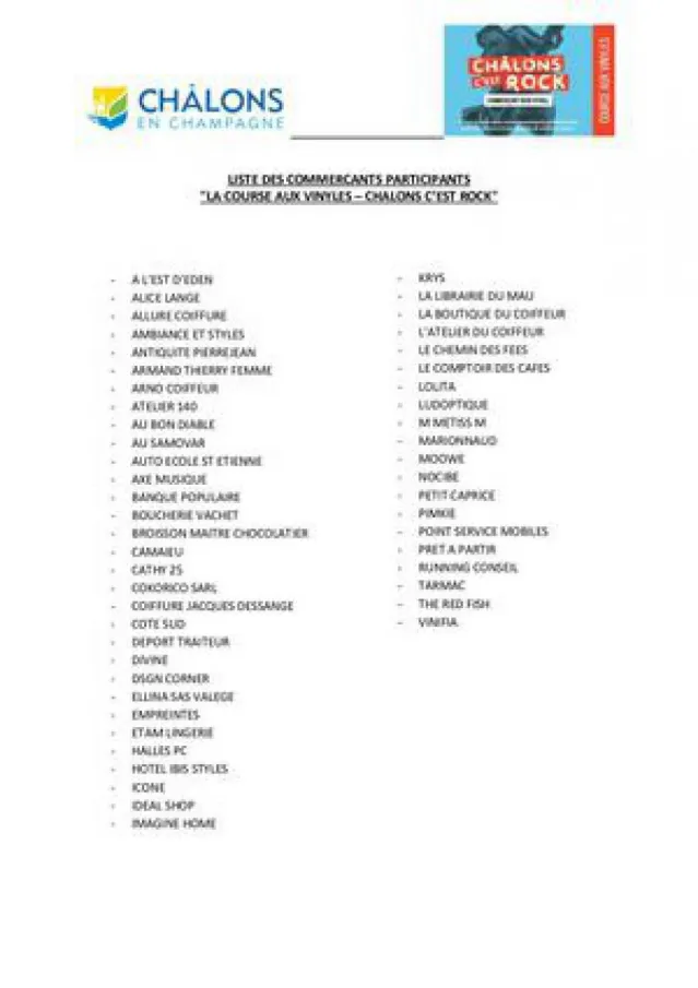 LISTE DES COMMERCANTS PARTICIPANTS COURSE AUX VINYLES