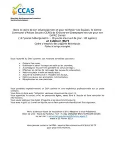 Offre d\'emploi : Cuisinier l\'EHPAD Sarrail (H/F)